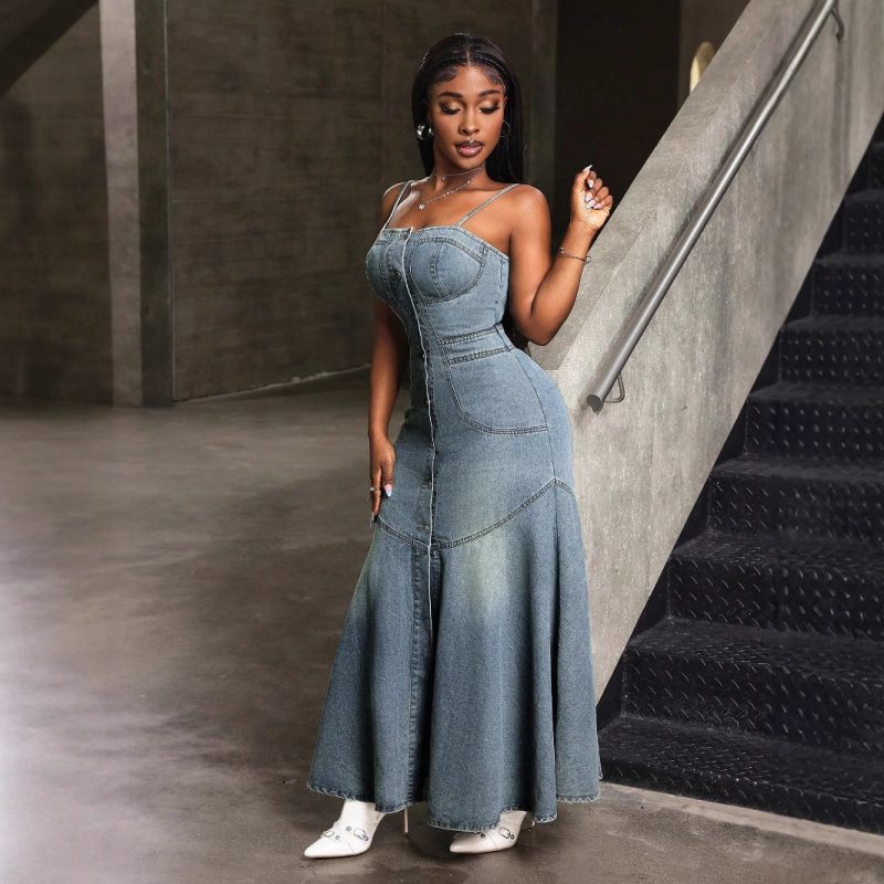 Trendy Mid-Length Button-Up Denim Sling Dress