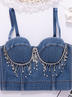 Beaded Tassel Denim Corset Tube Top Women