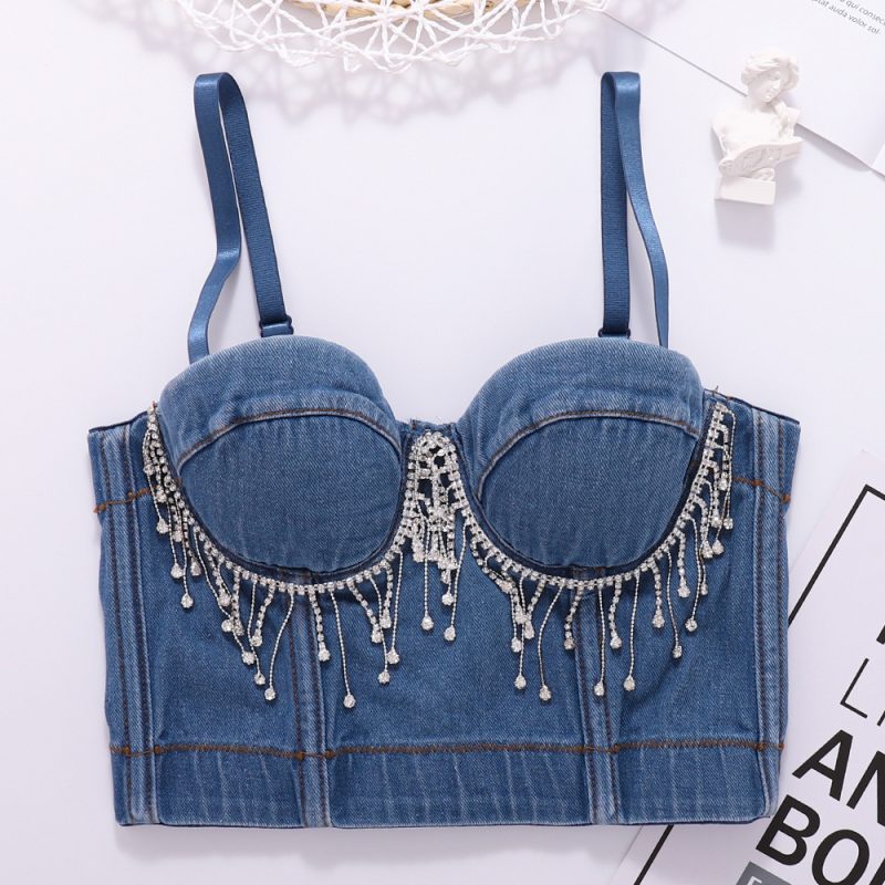 Beaded Tassel Denim Corset Tube Top Women