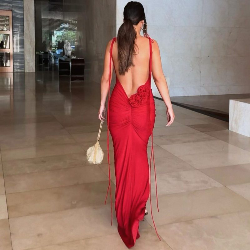 Best-Selling Summer Backless Pleated Lace-Up Maxi Dress
