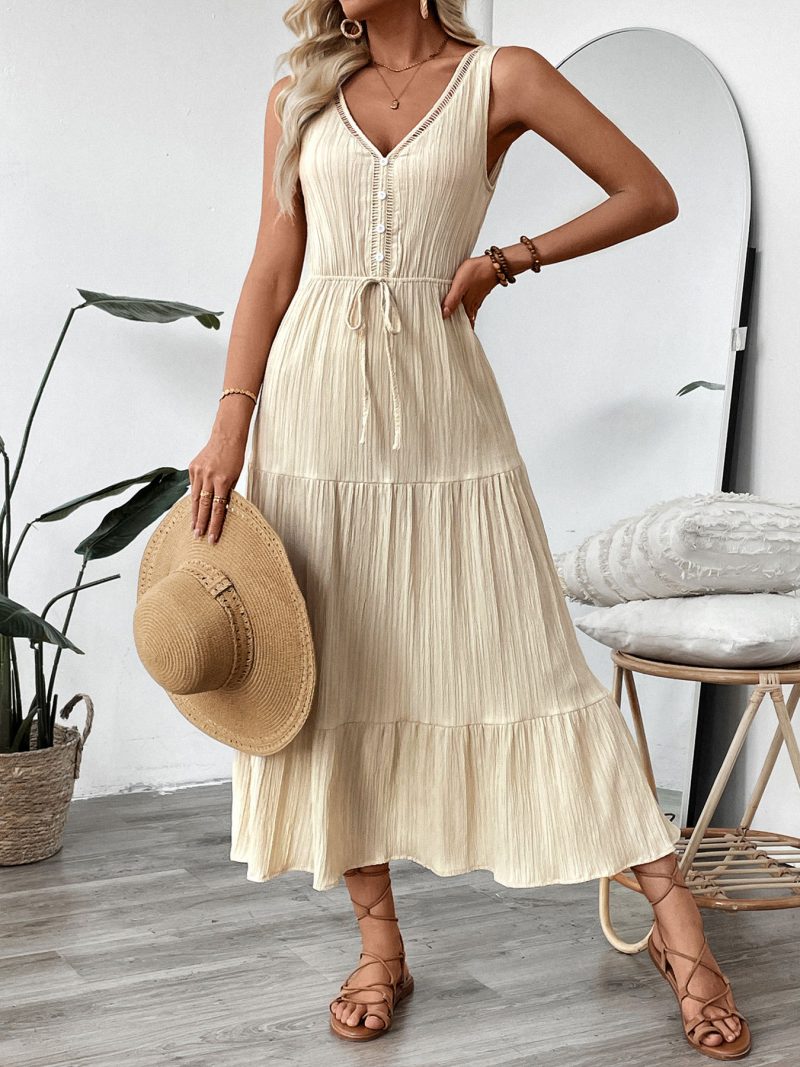 Simple Strap Sleeveless V-Neck Solid Summer Dress - Image 2