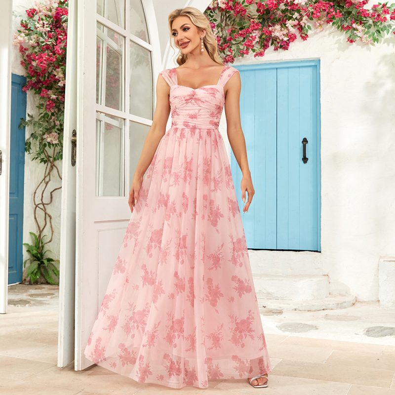 Floral Pleated Double U-Neck Sling Party Evening Dress - Image 2