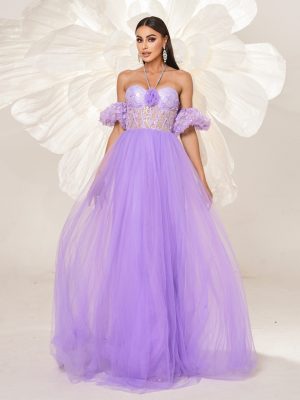 High-End Halter Mesh Swing Evening Dress