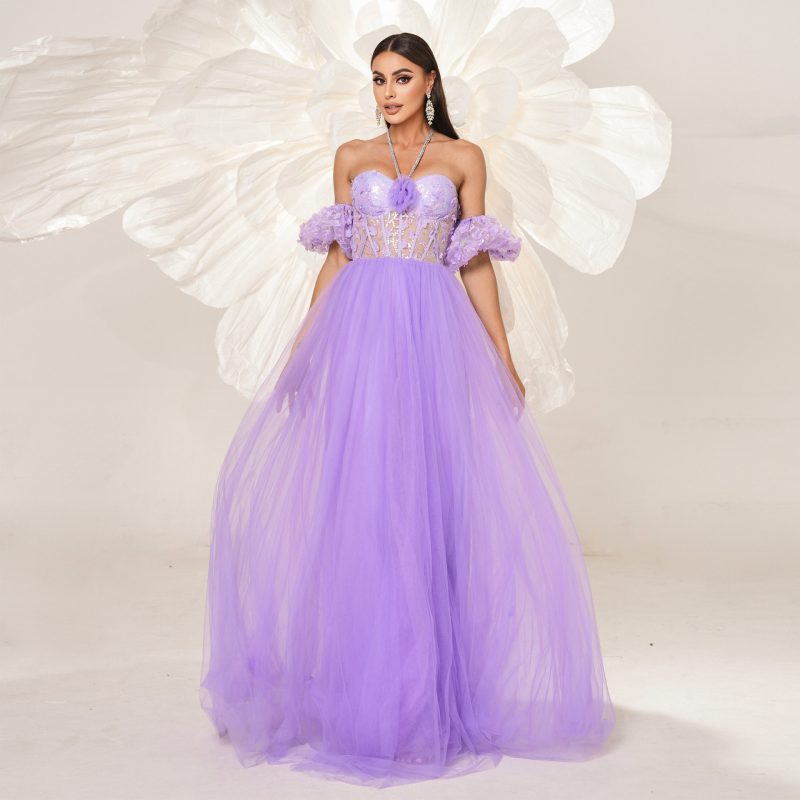 High-End Halter Mesh Swing Evening Dress