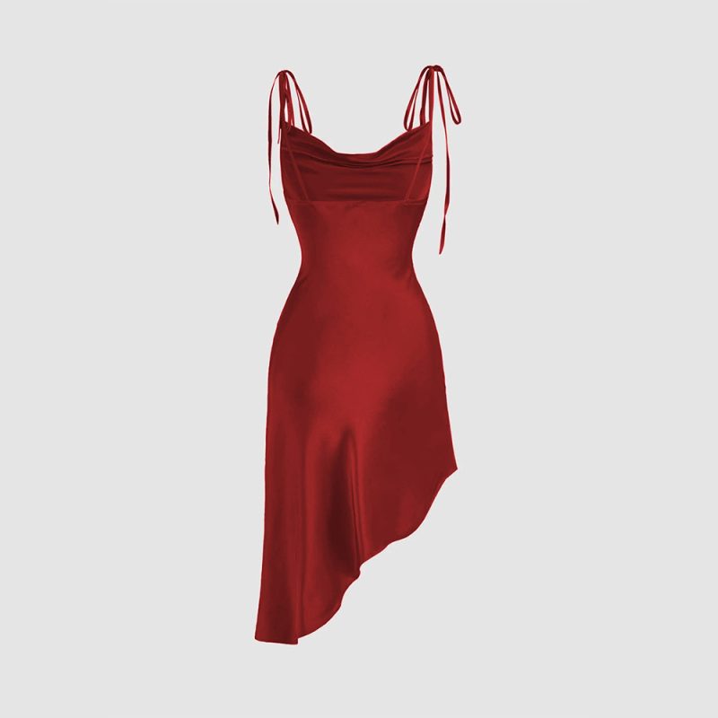 Popular Satin Sling Waist-Tight Asymmetric Hem Dress - Image 3