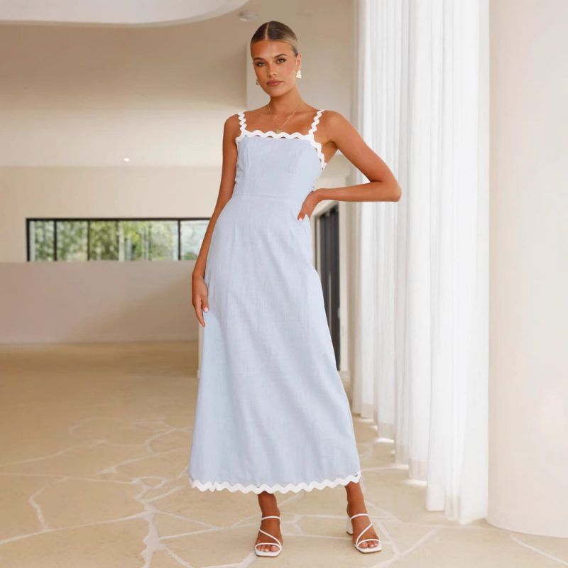 Slim Fit Solid Color Lace Sling Maxi Dress