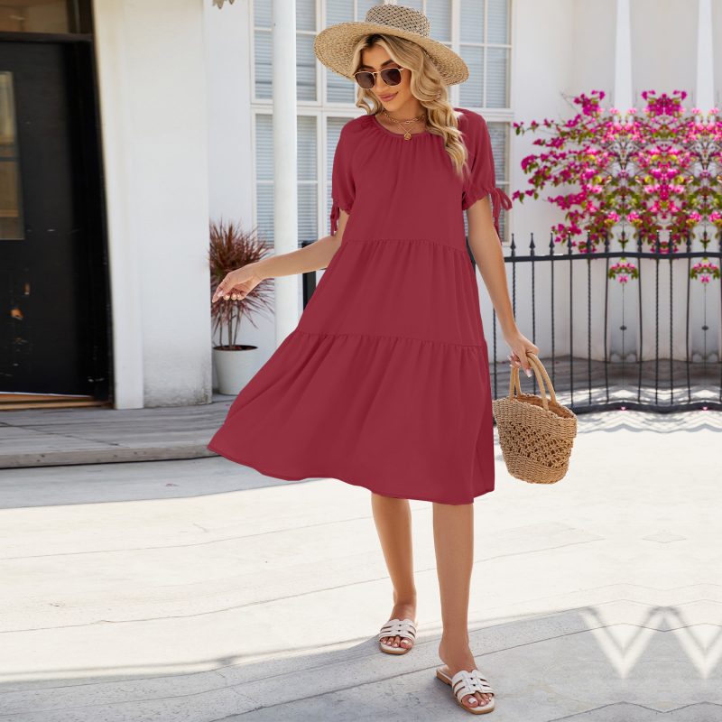 Solid Color Pleated Lace-Up Round Neck Dress - Image 3