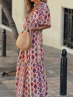 Printed V-Neck Bohemian Mid-Length Autumn Dress