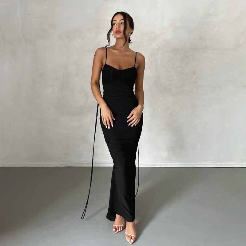 Elegant Backless Pleated Evening Strap Dress - Image 3