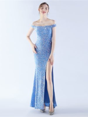 Handmade Velvet Sequin Off-Neck Evening Dress