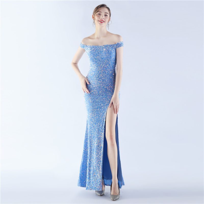 Handmade Velvet Sequin Off-Neck Evening Dress