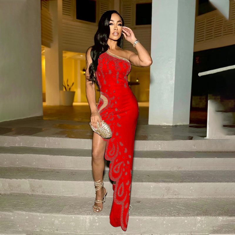 Asymmetric Rhinestone Hip Wrap Solid Dress