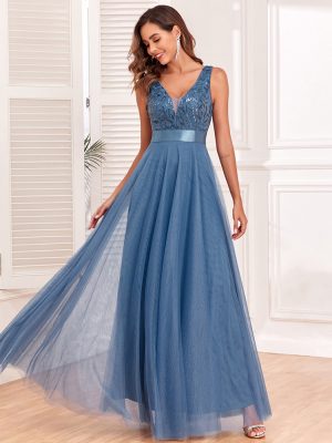Sleeveless Patchwork Embroidered Tulle Evening Dress