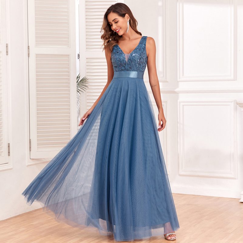 Sleeveless Patchwork Embroidered Tulle Evening Dress