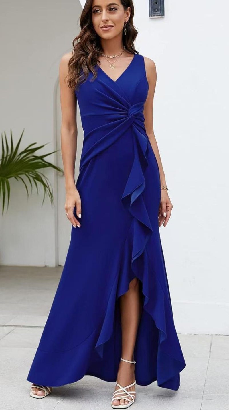 V-Neck Sleeveless Slim Ruffled Split Evening Dress - Image 2