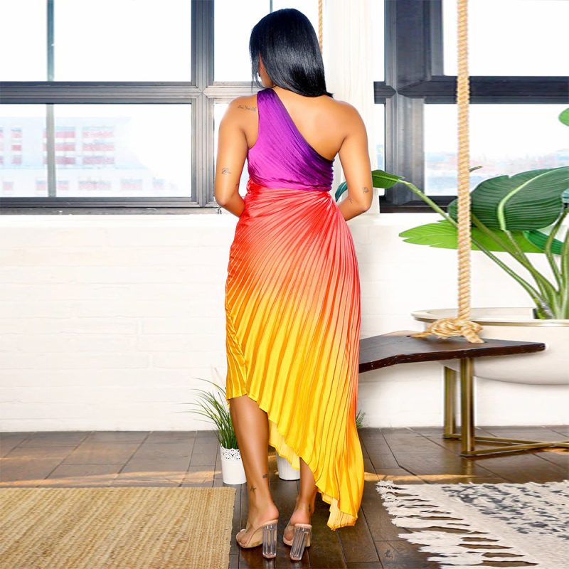 Artificial Silk Printed Diagonal Collar Pleated Dress - Image 2