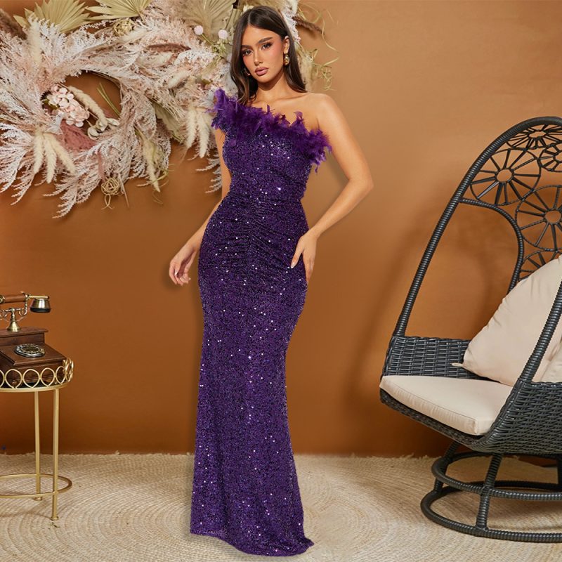 Black Feather Sequin Paillette Maxi Dress
