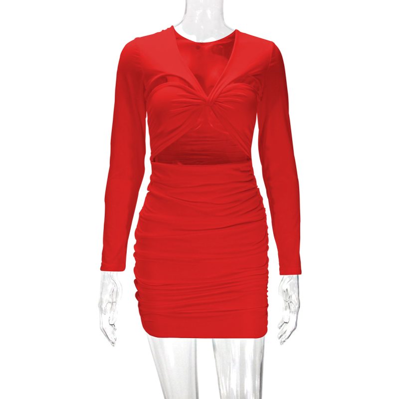 Sexy Hollow Out Pleated Long Sleeve Hip Dress - Image 3