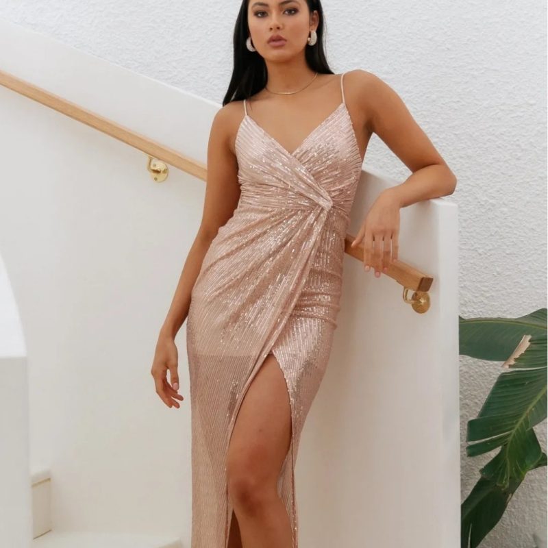 Sexy Sequin Sling Evening Dress with Slit