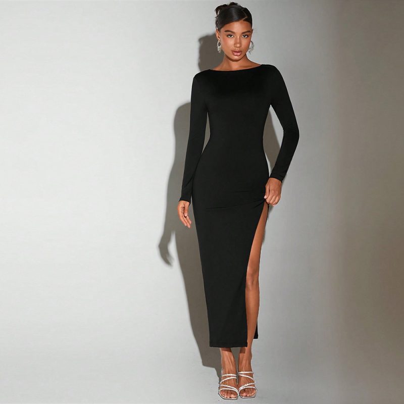 Autumn Winter Round Neck Bare Back Mid Dress - Image 2