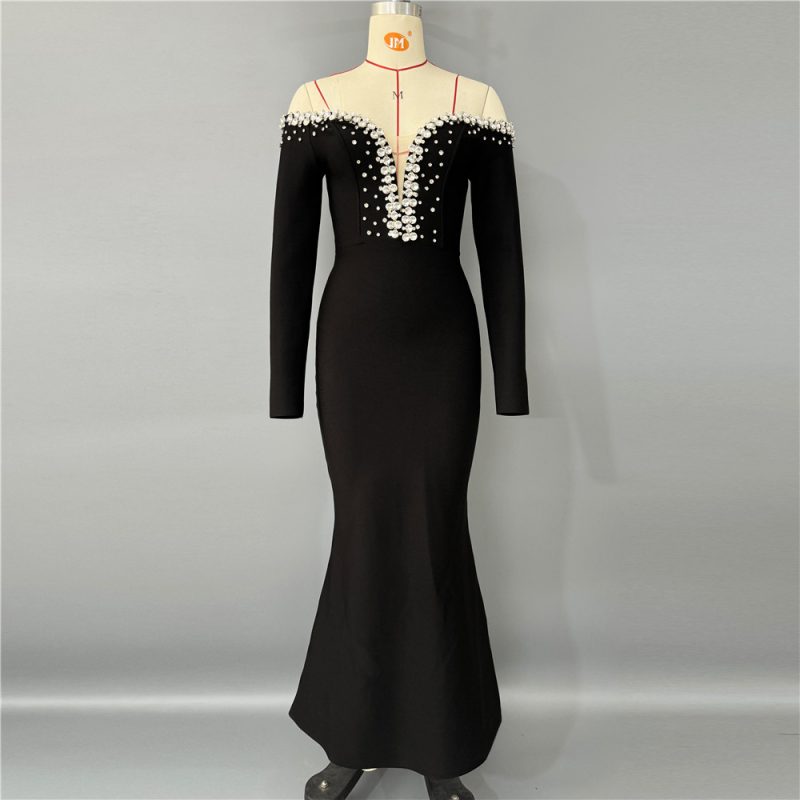 Sexy Off-Neck Rhinestone Fishtail Bandage Dress - Image 2