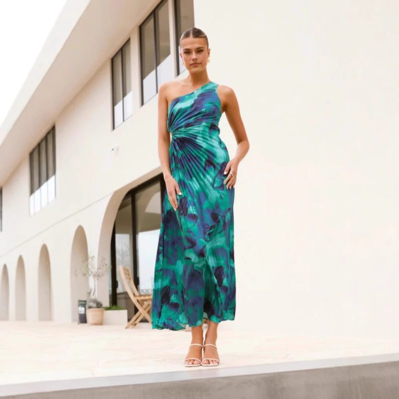 Sexy One-Shoulder Sleeveless Pleated Printed Dress - Image 2