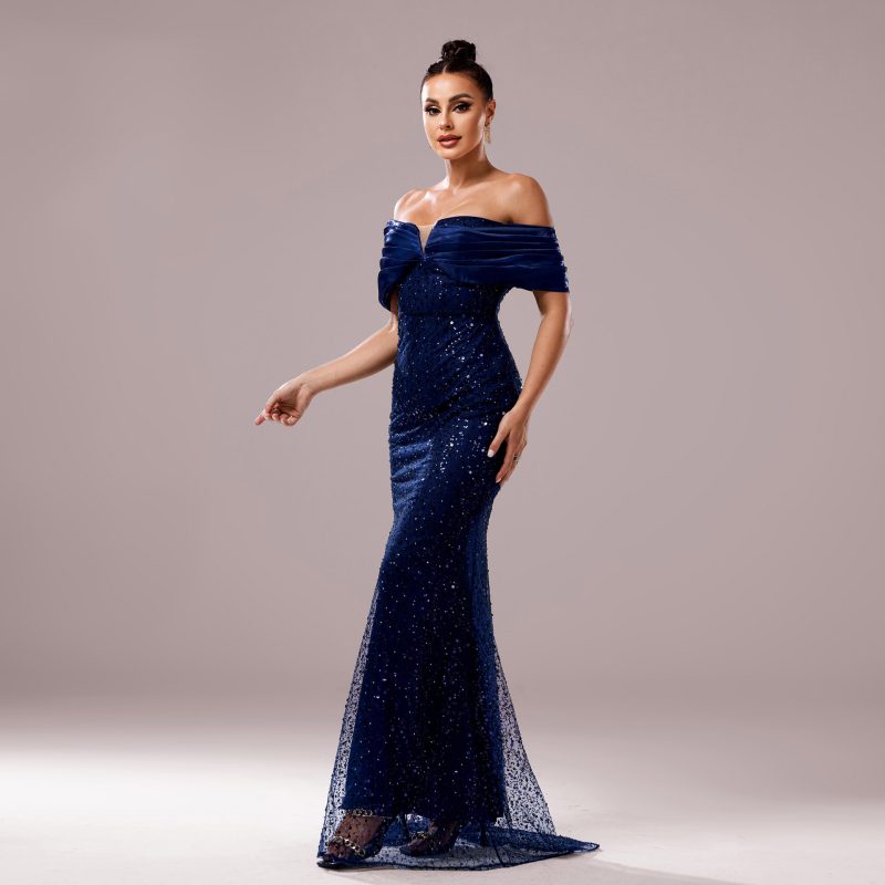 Off-Neck Slim Fit Sequined Fishtail Dress - Image 4