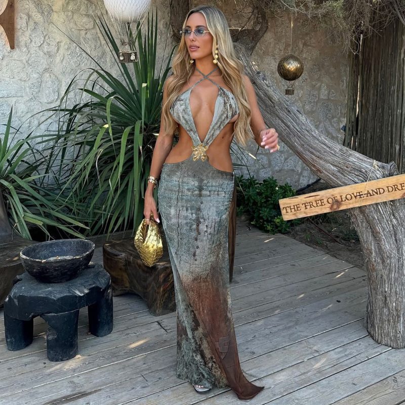Sexy Hollowed Slim Fit Printed Slit Dress - Image 3