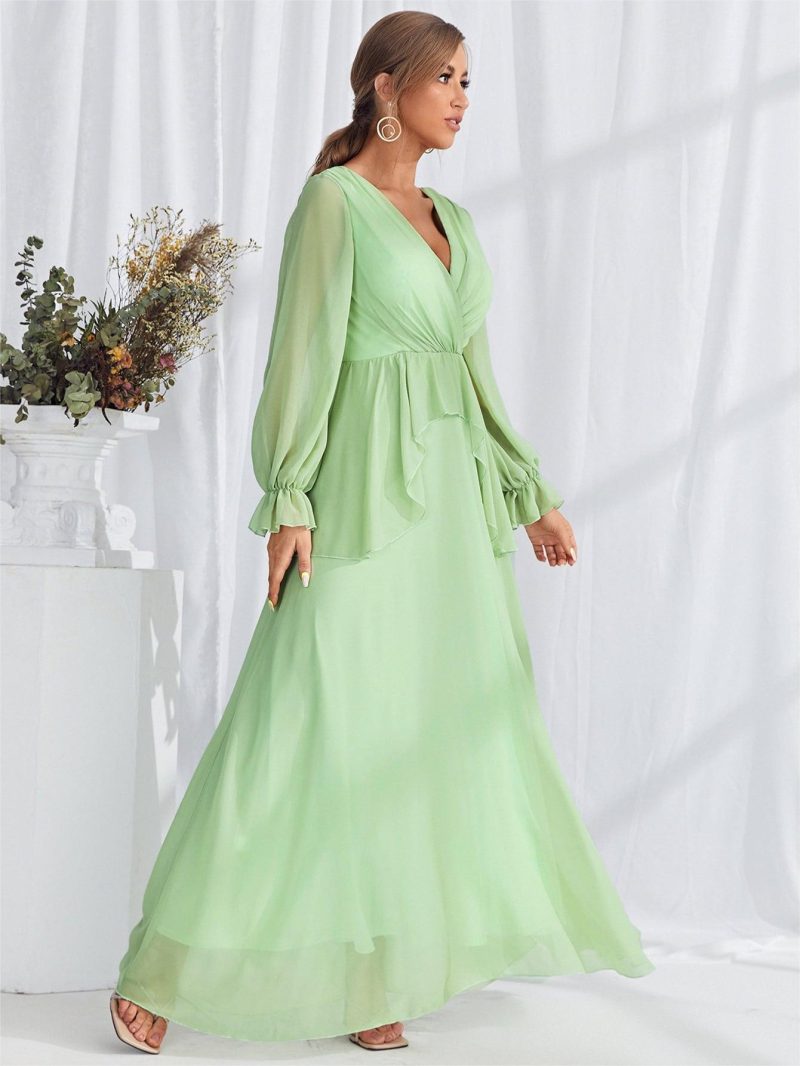 Elegant Chiffon V-Neck Puff Sleeve Dress - Image 2