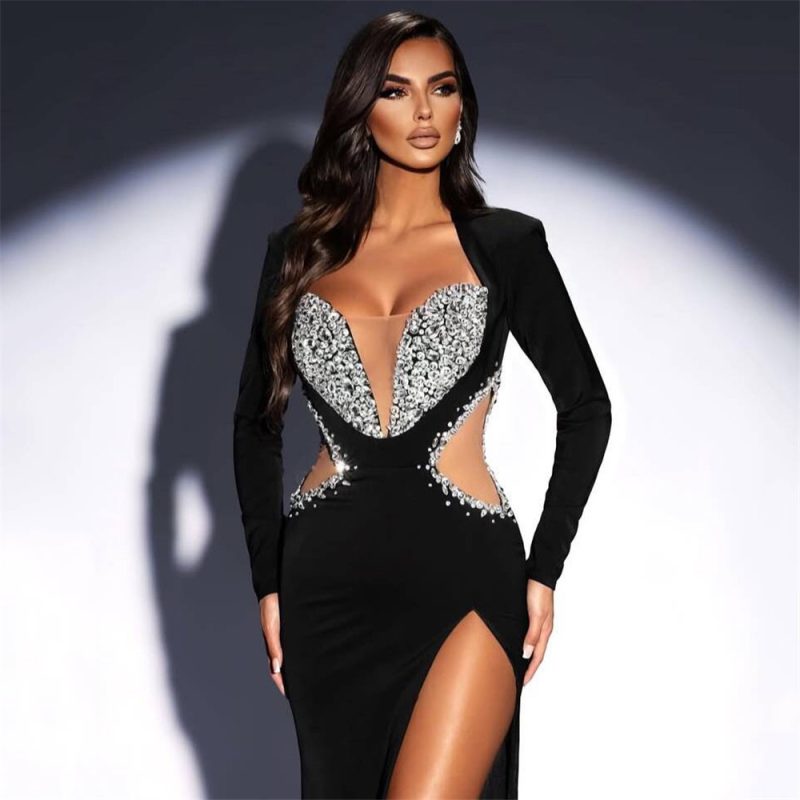 Slim Fit Mesh Diamond Bandage Slit Evening Dress - Image 2
