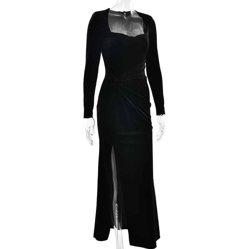 Sexy Slit Square Collar Velvet Pleated Dress - Image 4