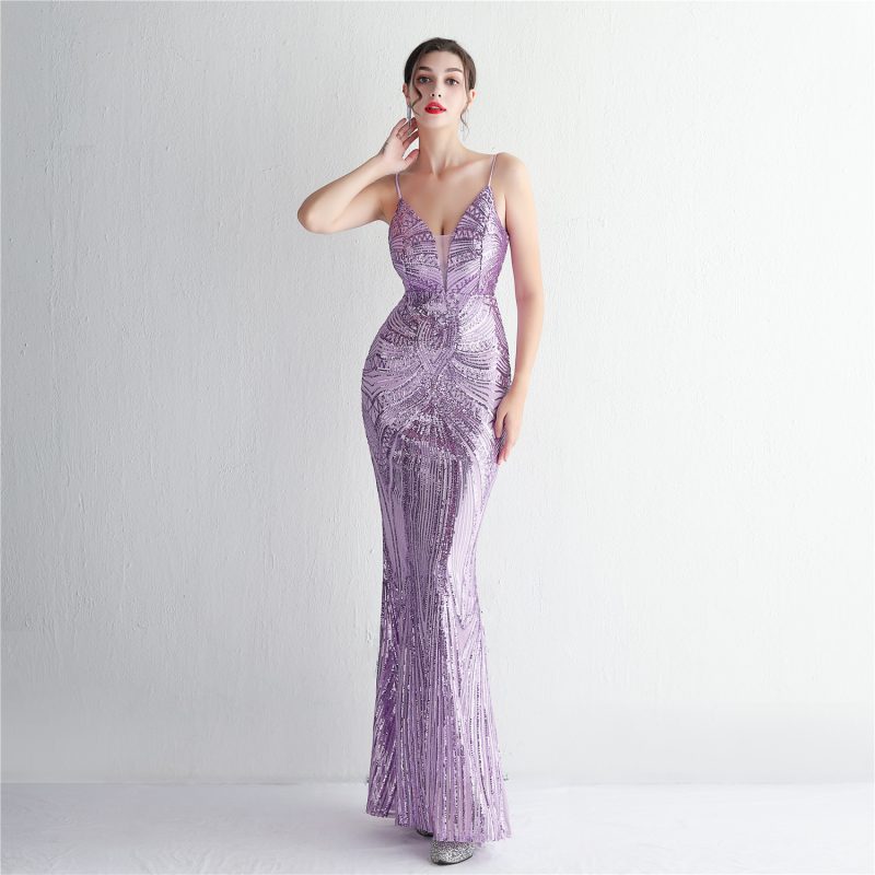 Elegant Floral Suspender Sequined Slim Fit Dress