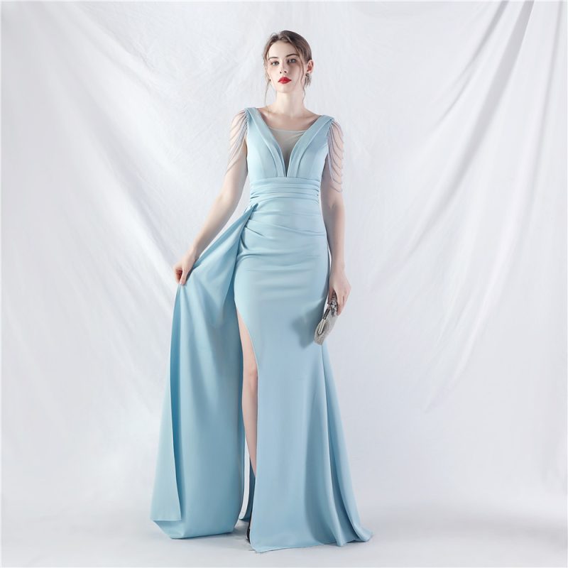 Beaded Satin Folded Evening Dress - Image 4