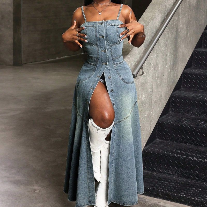 Trendy Mid-Length Button-Up Denim Sling Dress - Image 3