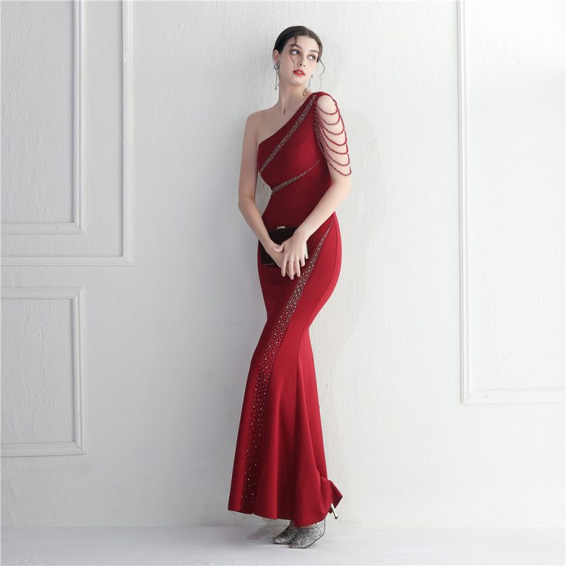 Handmade Beaded One-Shoulder Rhinestone Evening Dress - Image 3