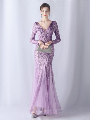 Mesh Sequin Long Sleeve Evening Dress
