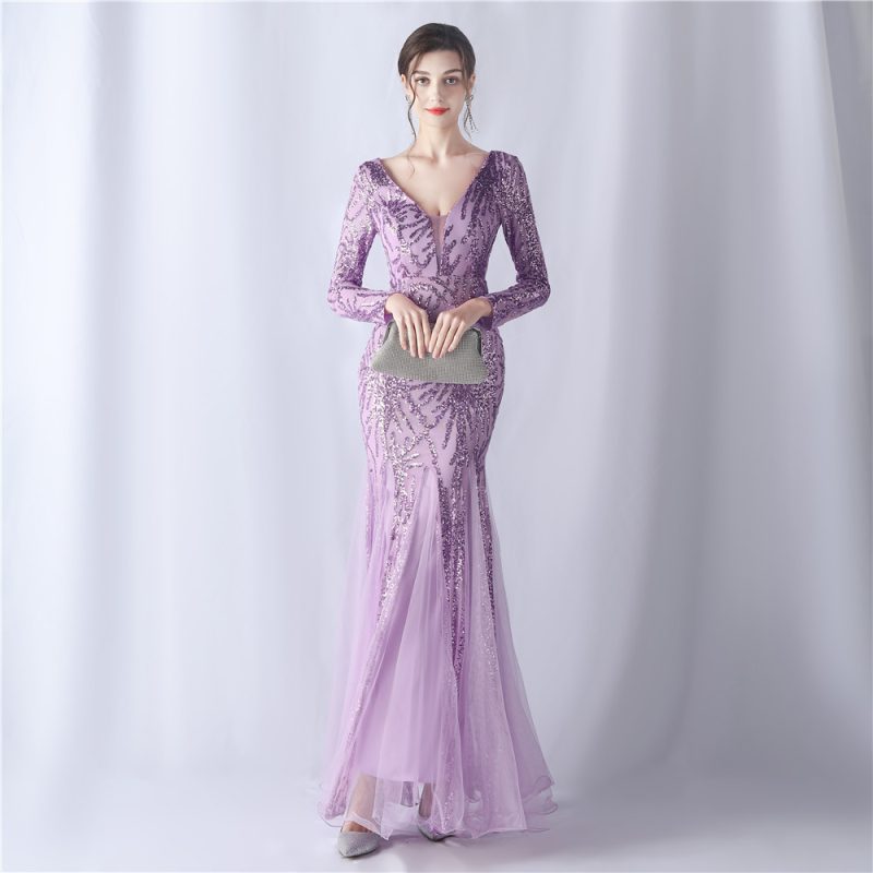 Mesh Sequin Long Sleeve Evening Dress