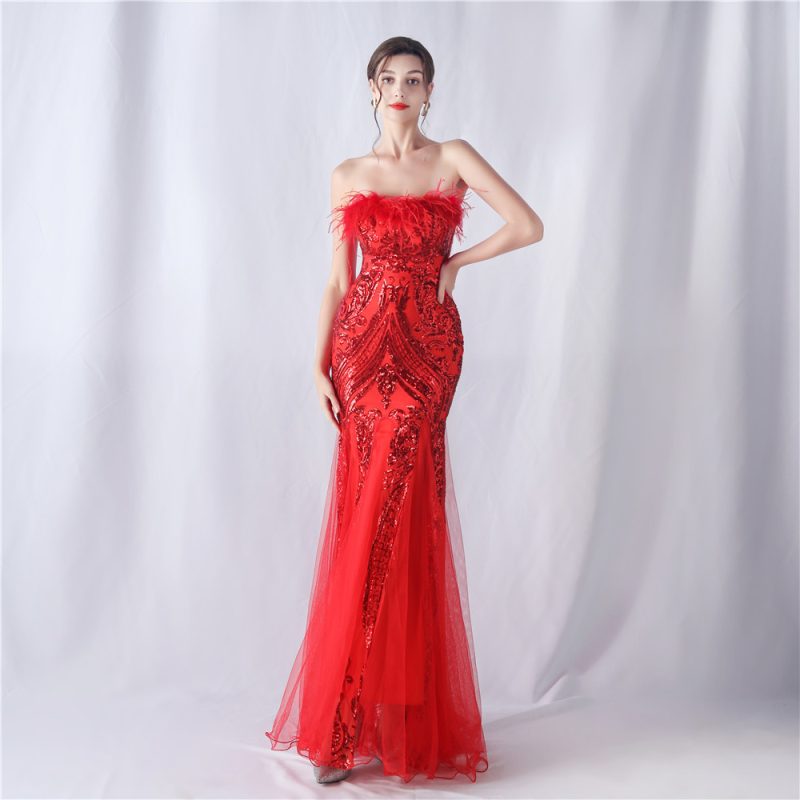 Floral Ostrich Feather Tube Top Sequin Evening Dress - Image 3