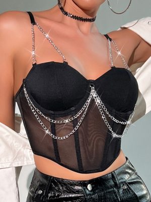 Mesh Patchwork Chain Boned Corset Crop Top