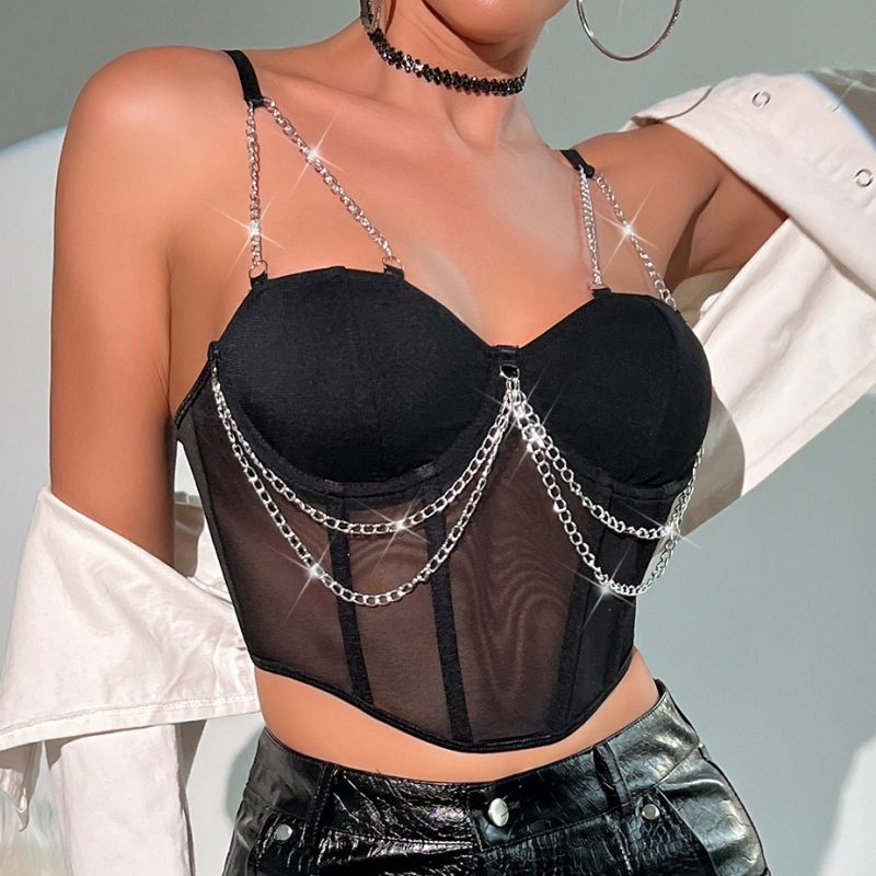 Mesh Patchwork Chain Boned Corset Crop Top