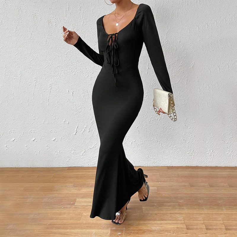 Elegant Lace-Up U-Neck Slim Long Sleeve Maxi Dress - Image 4