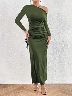 French Diagonal Collar High Waist Dress