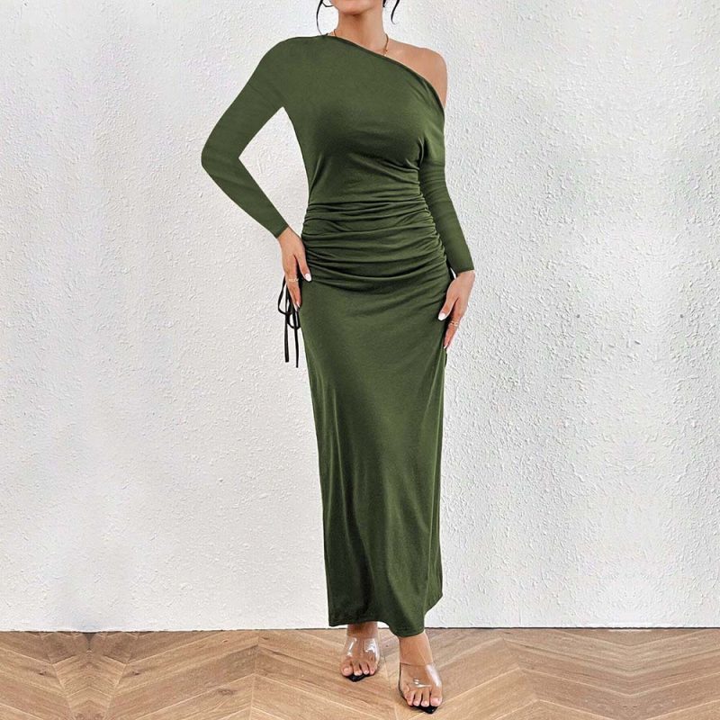French Diagonal Collar High Waist Dress
