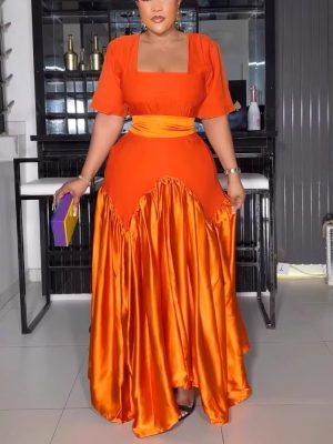 Square Collar Color-Block Slim Fit Maxi Dress