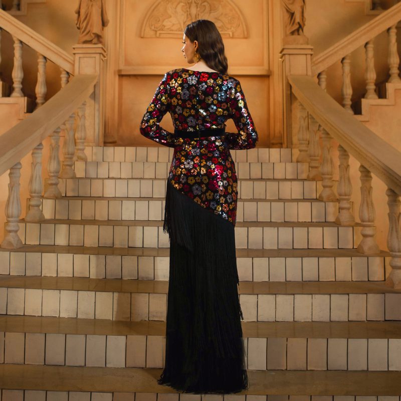 Long Sleeve V-Neck Slim Tassel Sequined Dress - Image 3