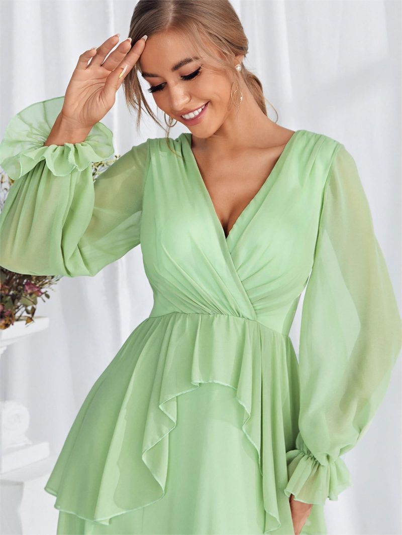 Elegant Chiffon V-Neck Puff Sleeve Dress - Image 4