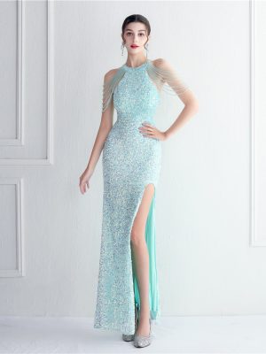 Elegant Beaded Halter Split Cocktail Evening Dress
