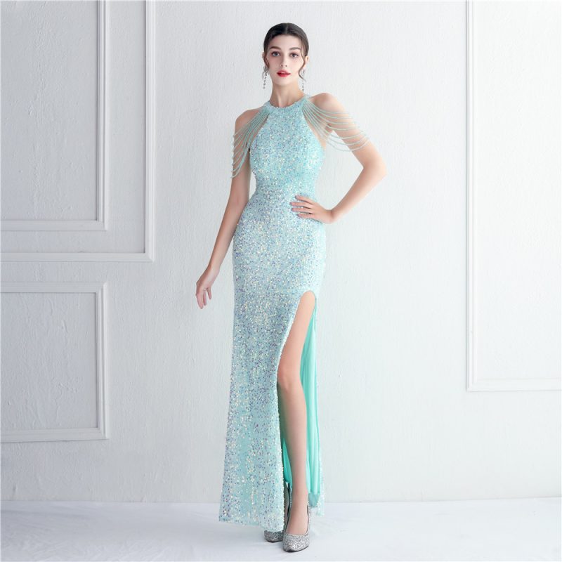 Elegant Beaded Halter Split Cocktail Evening Dress