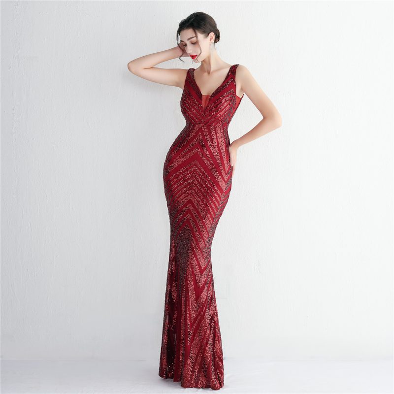 Elegant Floral Slim Fit Sequined Evening Dress - Image 2