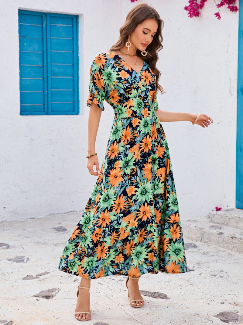 Elegant V-Neck Ruffled Short Sleeve Maxi - Image 2